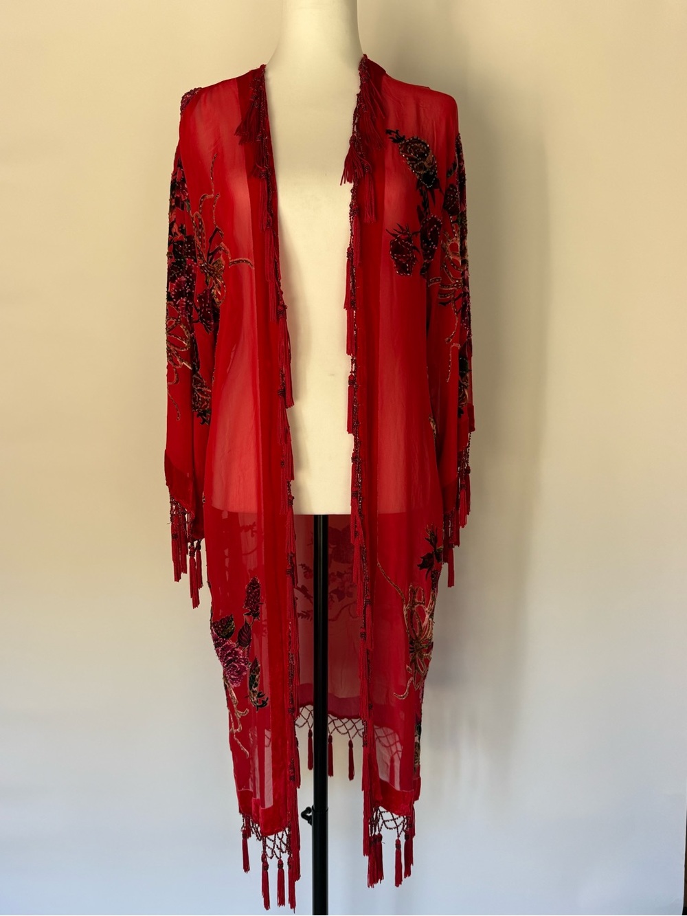 Red Sheer Beaded Fringe Cape - Elegant Open-Front Overlay